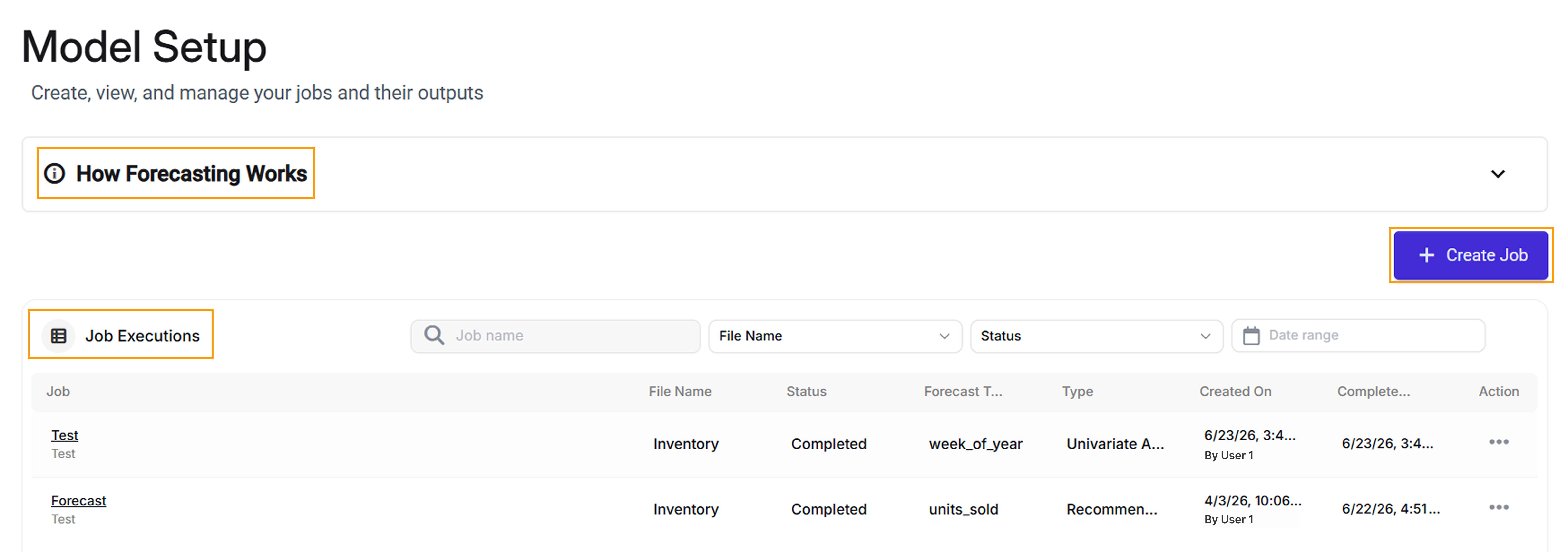 Overview of job executions and forecasting options in the model setup interface.